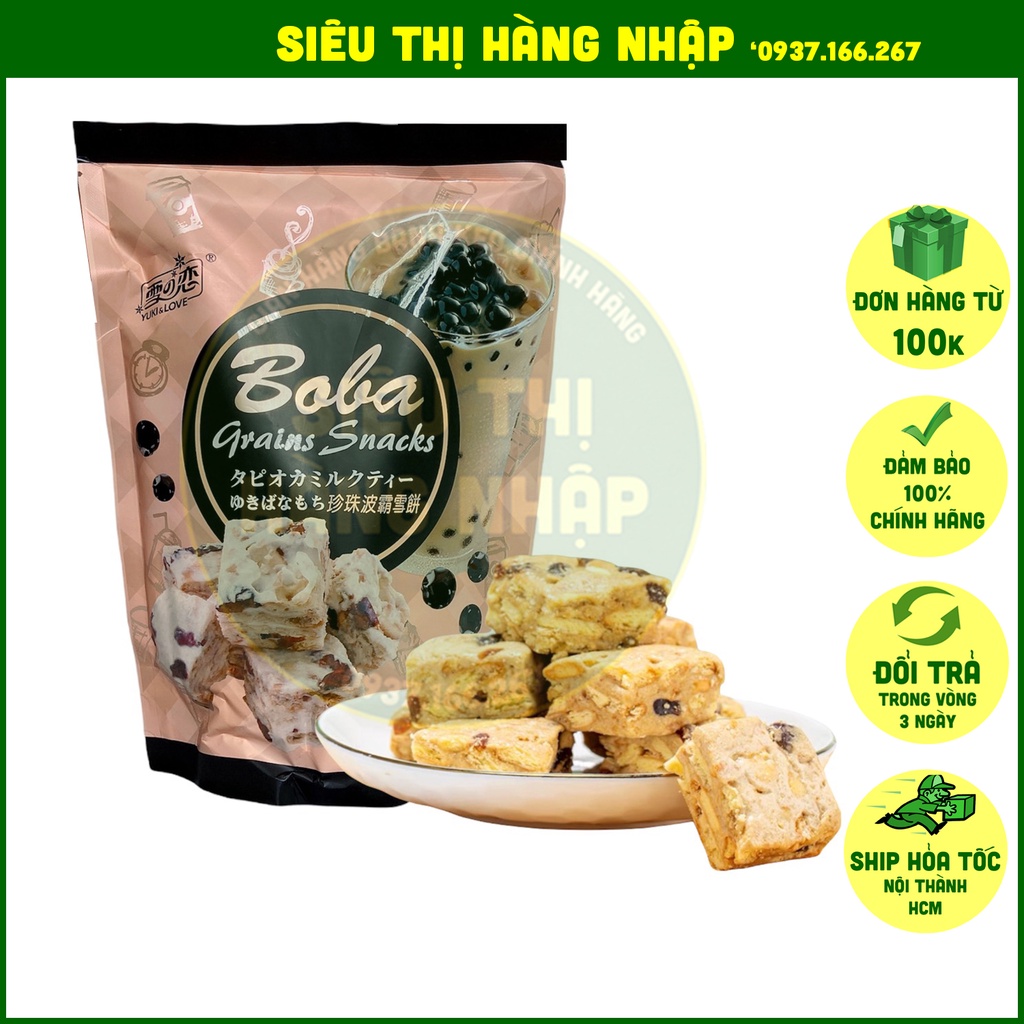 Bánh nougat ngũ cốc trà sữa hạt trân châu Boba Yuki &amp; Love Đài Loan 144g, đồ ăn vặt ngon rẻ