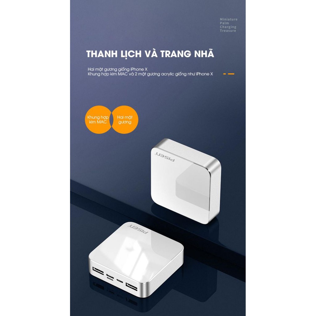 Sạc dự phòng Pisen Mini Mirror 10000mah, lắc để sạc, vật liệu hợp kim và kính cường lực, nhỏ gọn, bảo hành 24 tháng