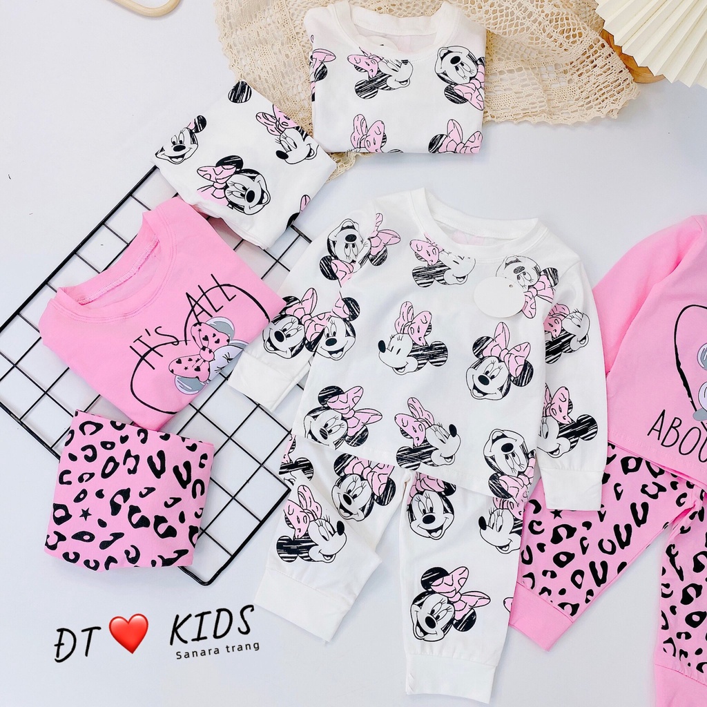 Cặp Bộ Cotton Mickey Nơ Hồng Cho Bé Gái