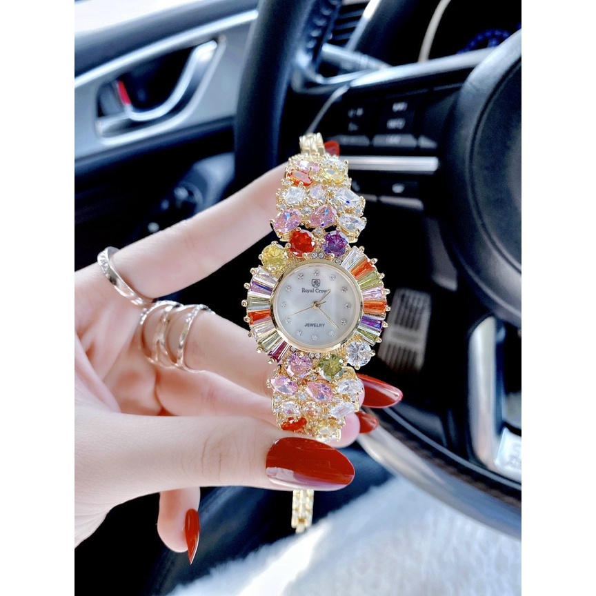 Đồng hồ đeo tay nữ chính hãng, đồng hồ nữ ROYAL CROWN đính full kim cương nhân tạo siêu cao cấp, sang chảnh dành cho nữ