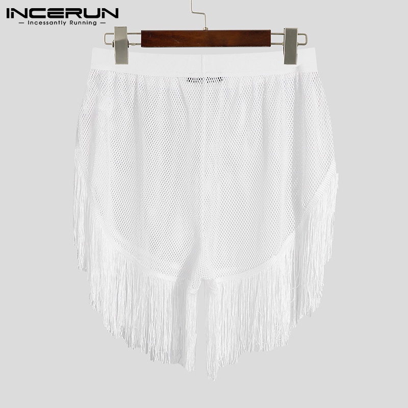 Quần short Incerun màu trắng phối tua rua thiết kế xuyên thấu thoáng khí thời trang cho nam