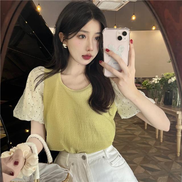 Áo Kiểu Tay Phồng Ngắn Phối Họa Tiết Chấm Bi Thanh Lịch Cho Nữ  tao bao