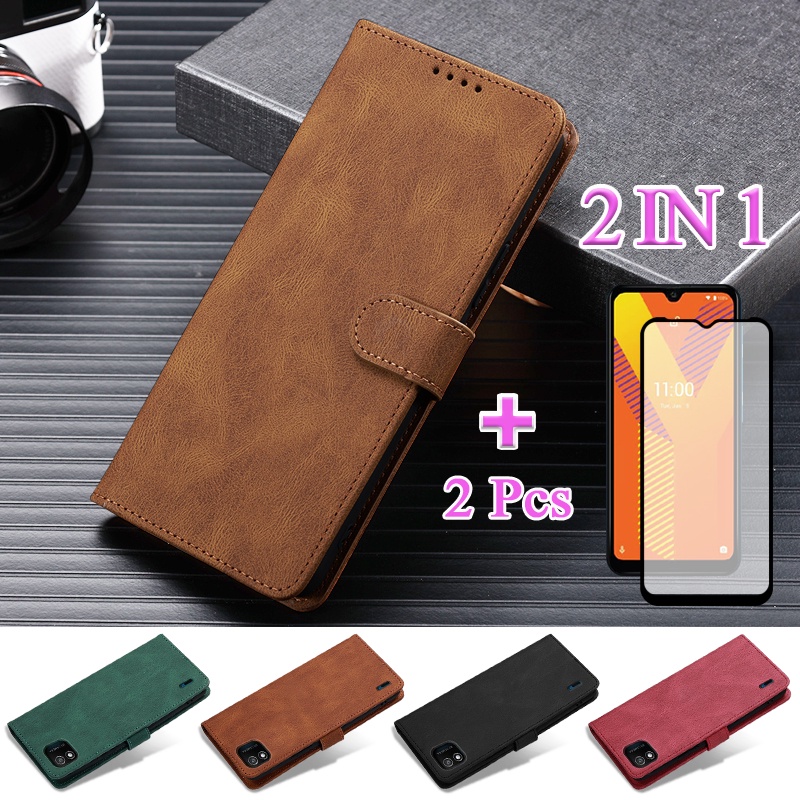 Bao Da Điện Thoại Dạng Ví 2 Trong 1 Với Kính Cường Lực Cong Bảo Vệ Màn Hình Gốm Sứ Cho Wiko Y62