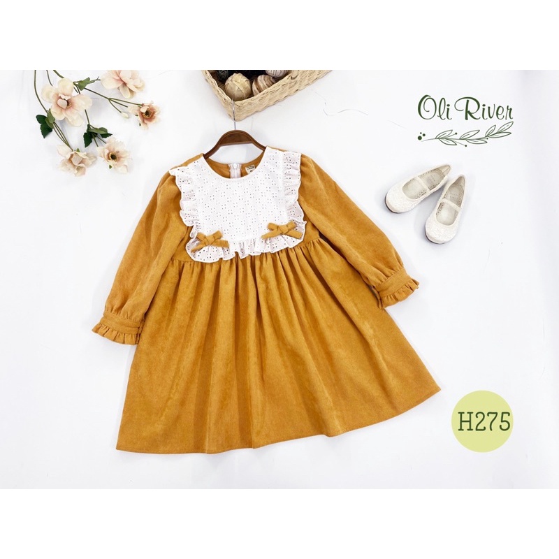 SP001249 Váy nhung vàng cổ ren trắng thiết kế cho bé, đầm bé gái 1- 10 tuổi, SP000794 thu đông có sẵn SP003376
