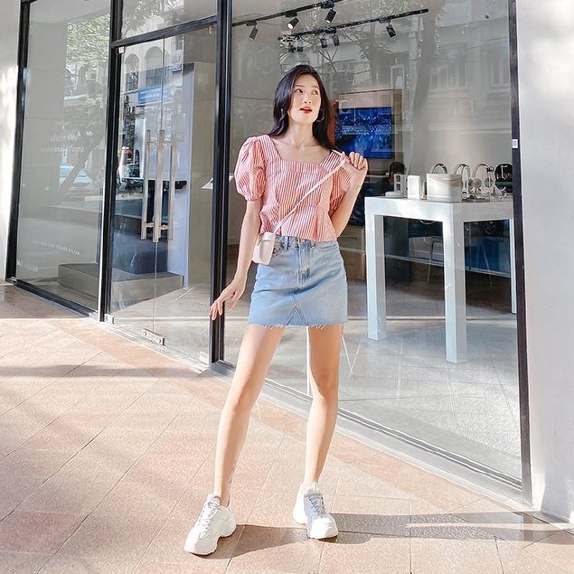 Váy jean MIEU dáng ngắn chữ A ráp cắt lai - GF07 | BigBuy360 - bigbuy360.vn