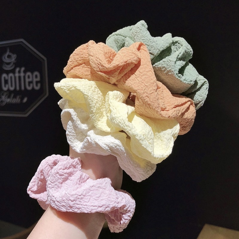 Scrunchies dây cột tóc vải xô đũi phồng có tag gấu xinh xắn nhiều màu dành cho bạn gái