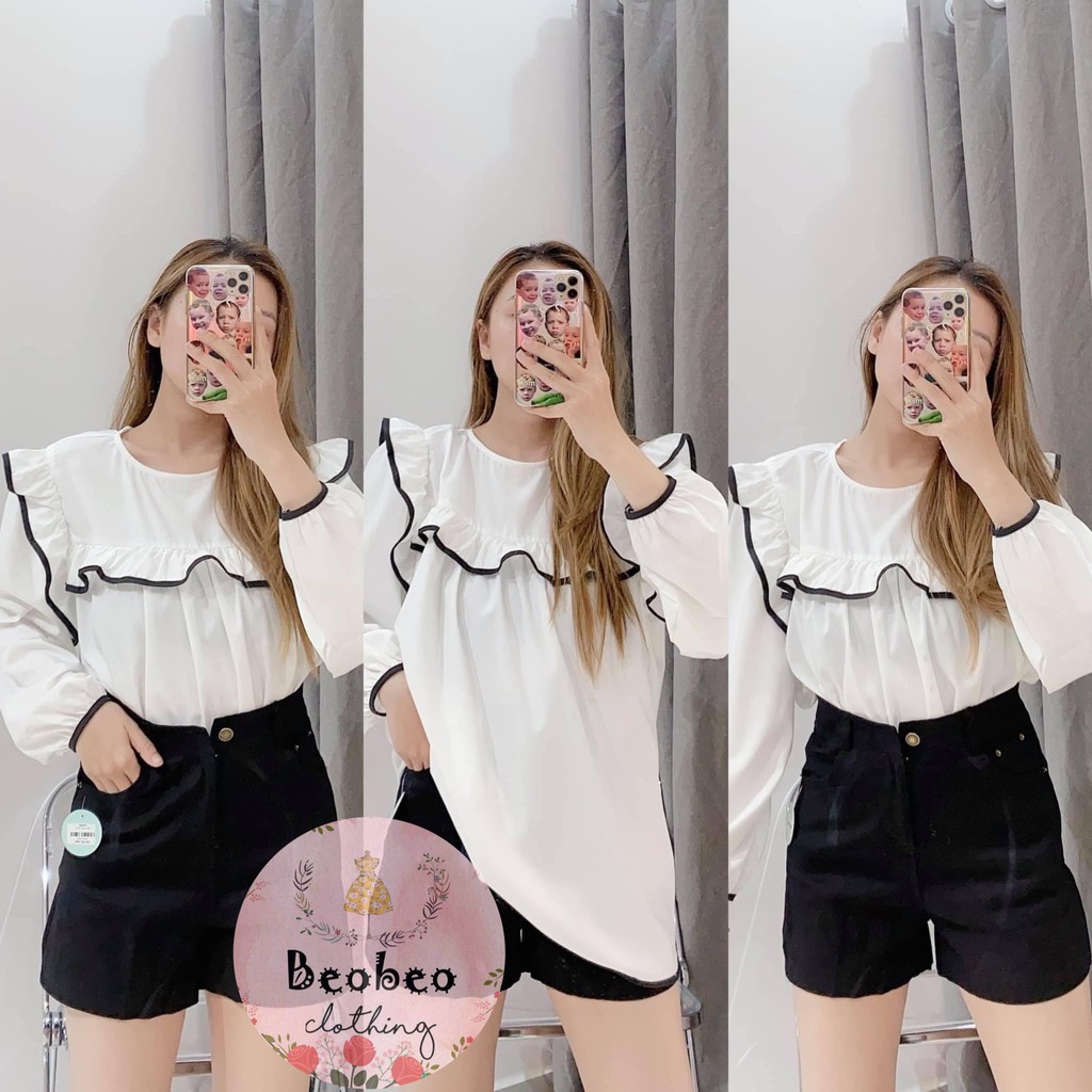 Áo babydoll sơ mi tay bo phồng bèo viền đen dễ thương