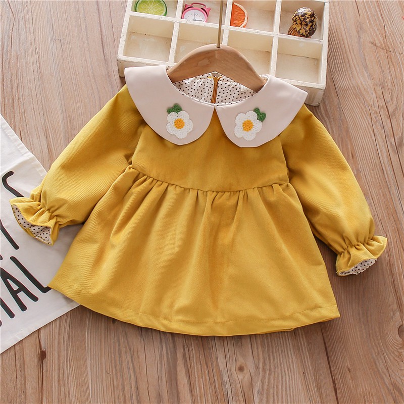 Đầm công chúa cotton tay dài cổ bẻ thêu họa tiết hoa hoạt hình thoải mái cho bé gái 9 tháng đến 3 tuổi