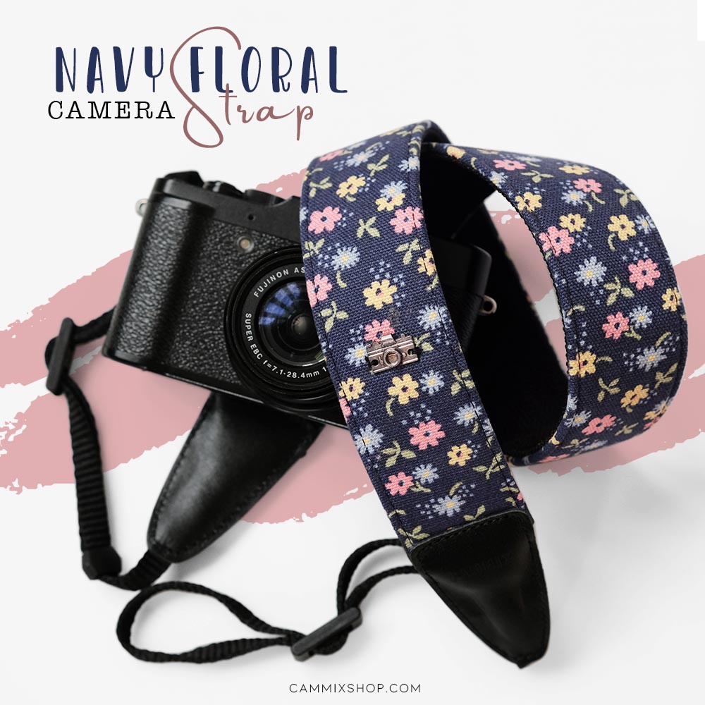 Dây đeo máy ảnh denim navy hoa - Camera Strap dành cho máy ảnh Sony, Canon, Nikon, Fuji,..... - Dây máy ảnh MadebyCammix