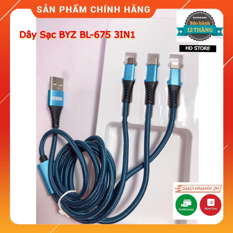 Dây Sạc 3 Đầu BYZ BL-675 Hỗ Trợ Sạc Nhanh, Dây Sạc 3in1 BYZ BL-675 Dây Dù Cực Bền Chống Đứt Gãy. Bảo Hành 12 Tháng