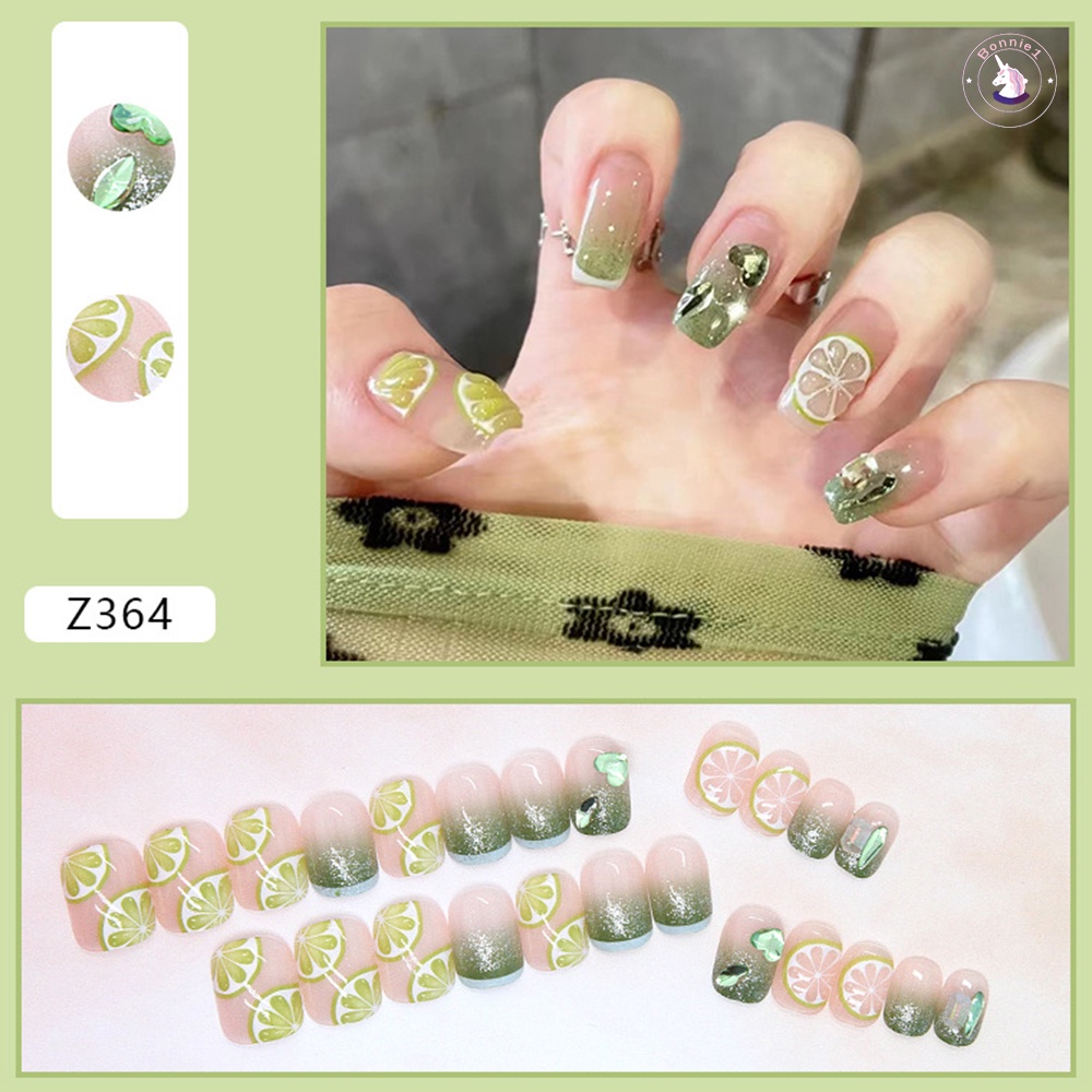 Set 24 Móng Tay Giả Sáng Bóng Họa Tiết Quả Chanh Xanh Lá Phong Cách Pháp Dễ Xé Không Rơi Dành Cho Nữ