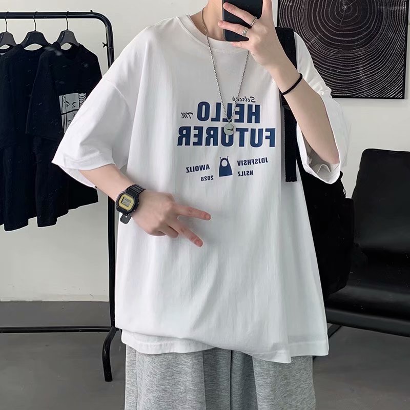 Áo thun tay ngắn cổ tròn dáng rộng in chữ Graffiti phong cách Nhật Bản thời trang cho nam size S-8XL