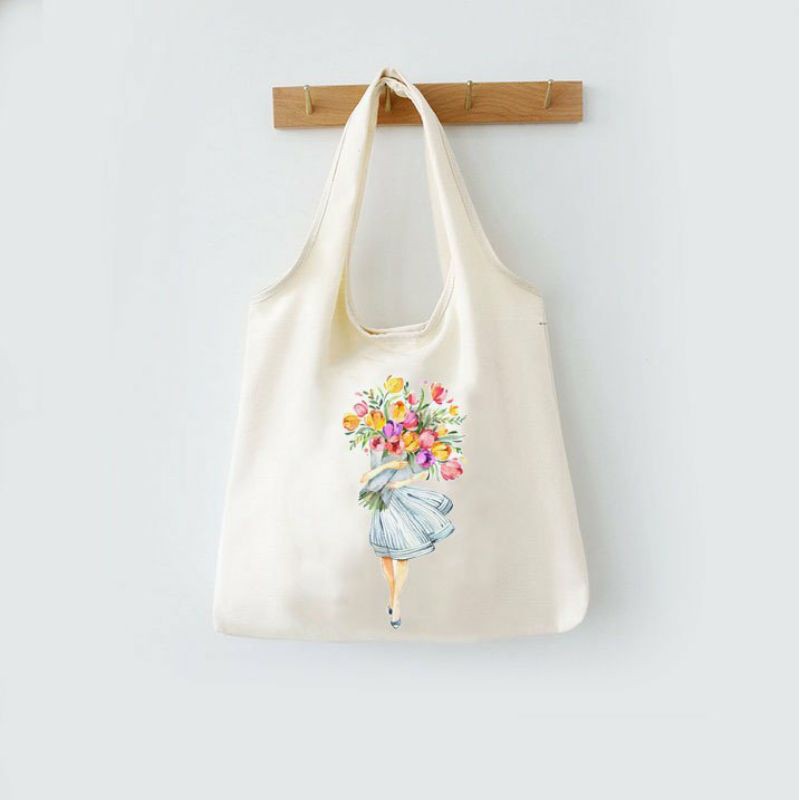 Túi đeo vai đi làm, đi học đẹp giá rẻ, form to, 2 lớp, vải canvas - CÔ GÁI ÔM HOA ĐỦ MÀU