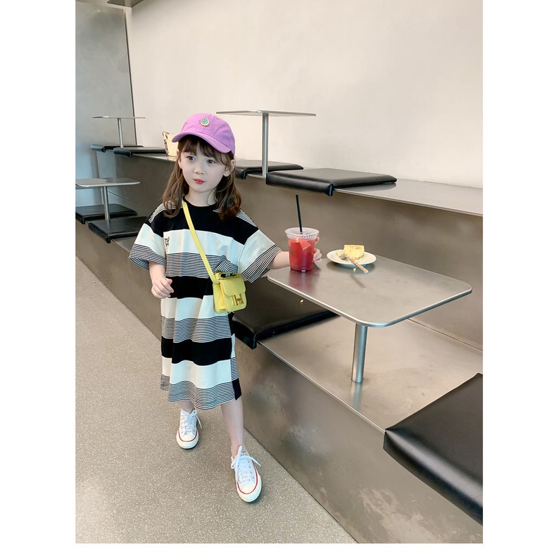 Đầm Thun Tay Ngắn Họa Tiết Kẻ Sọc Phong Cách Hàn Quốc Thời Trang Mùa Hè Xinh Xắn Cho Bé Gái