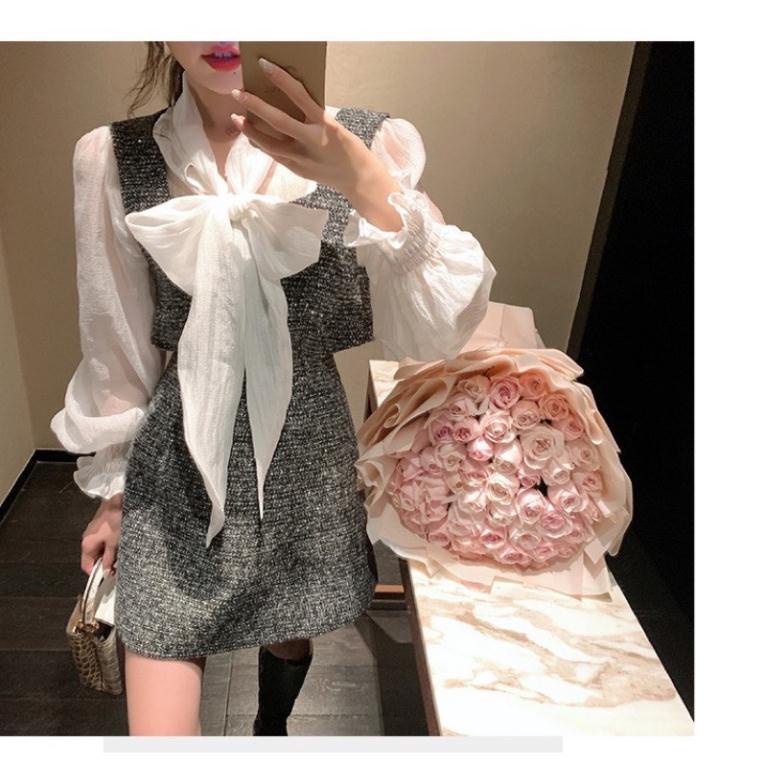Set Dạ Tiêu 3 Món Áo Sơ mi Kèm Nơ Bản To Mix Áo Gile Yếm Và Chân Có Ảnh Thật Clara Siêu Xinh