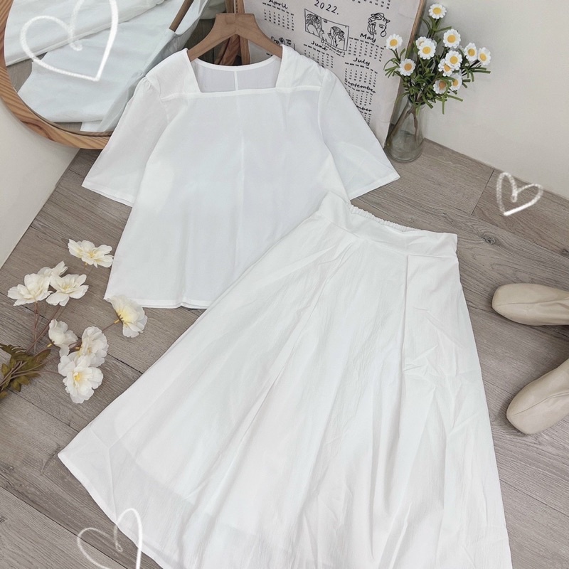 Set áo tay lửng + chân váy midi xoè lưng thun