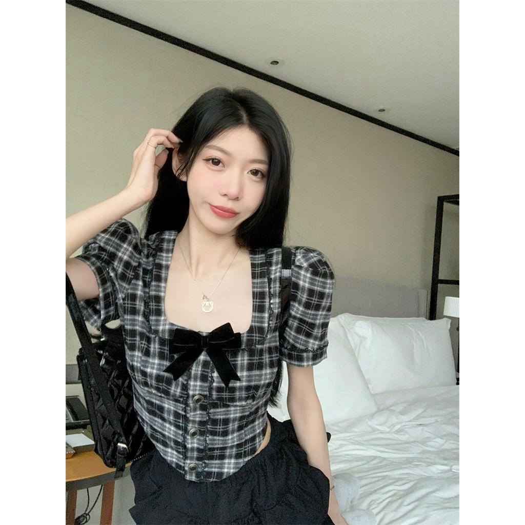 Set Áo Sơ Mi Cổ Vuông Kẻ Sọc Caro Trắng Đen Phong Cách Retro Kiểu Pháp 63588