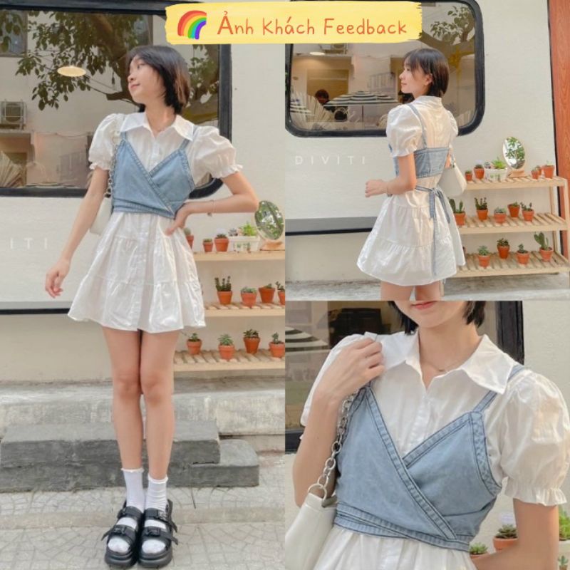 Set váy trắng xòe kèm yếm bò jean thắt nơ sau