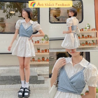 Set váy trắng xòe kèm yếm bò jean thắt nơ sau