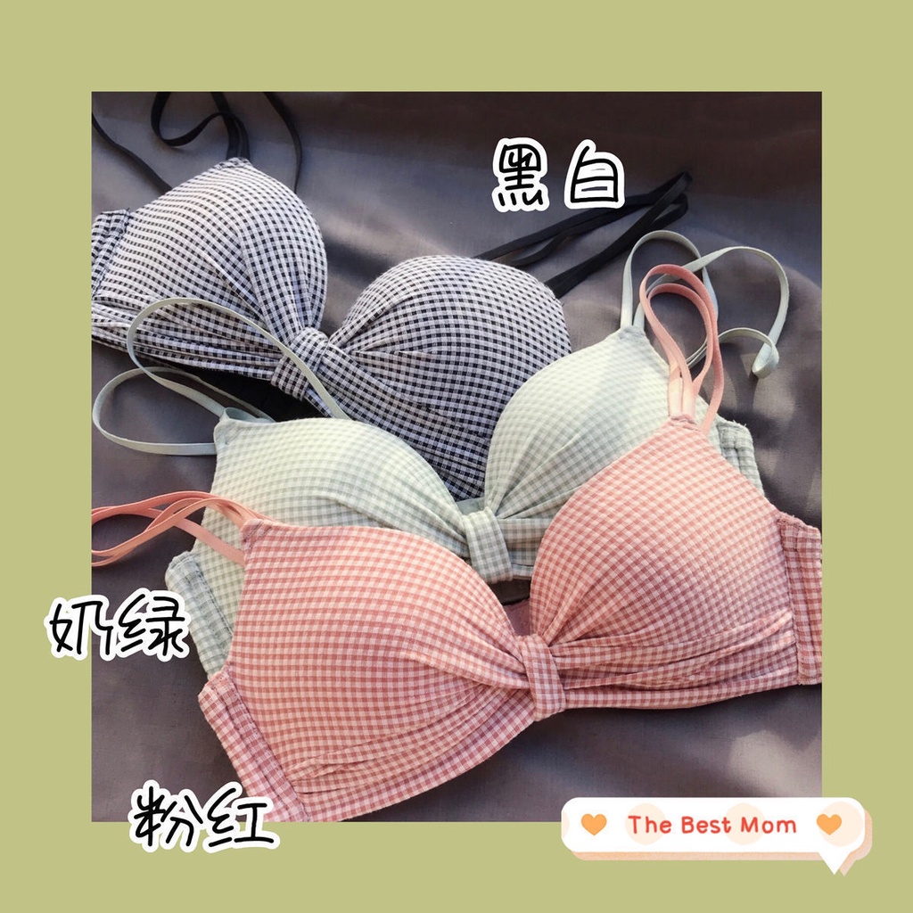 Bộ Đồ Lót Không Gọng Thép Họa Tiết Caro Sau Lưng Phong Cách Nhật Bản Dành Cho Nữ