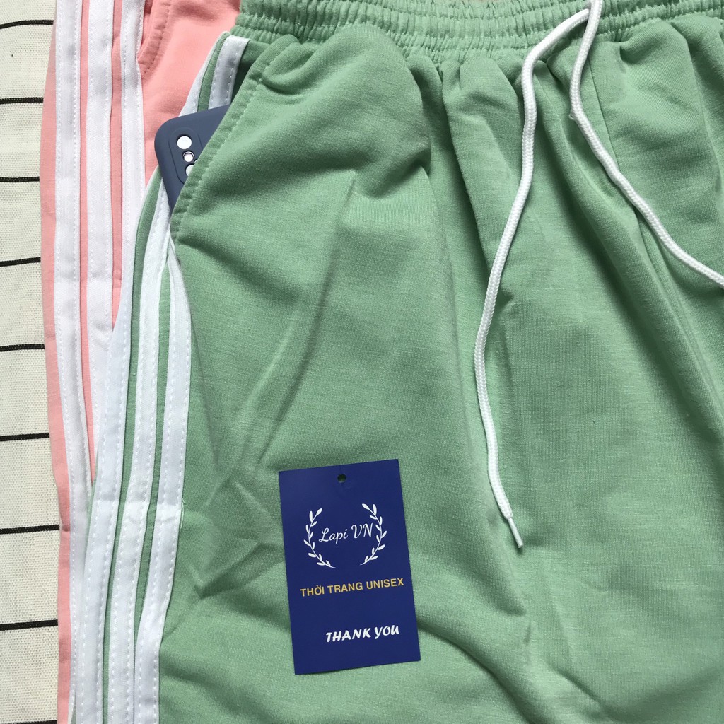 Quần Short Lửng 3 Sọc Unisex Nam Nữ Lapi VN, Freesize Đến 65kg, Chất Thun Dày Dặn Có Dây Rút, Quần Đùi 3 Line Phối Màu