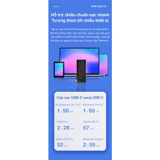Củ sạc nhanh 65W Xiaomi ZMI HA729 GaN hai cổng 1A1C kèm dây USB-C, siêu tốc độ, củ chống vỡ , có độ bền cao