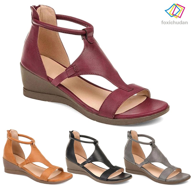 Giày Sandal Nữ Đế Xuồng Giả Da Nhiều Màu Thời Trang