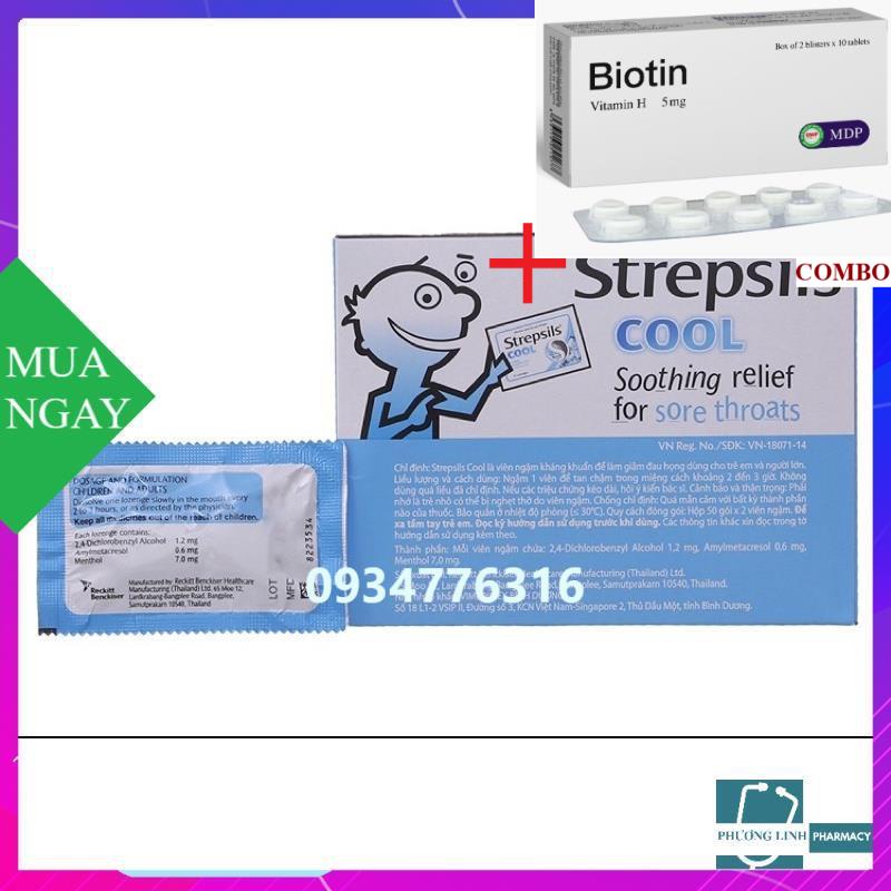Combo Biotin 5mg+ Kẹo ngậm Strepsils ( gói 2 viên ngậm)