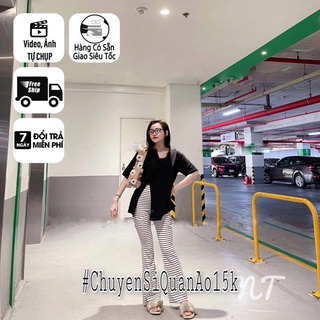  Set áo tay ngắn xẻ mix quần loe sọc - Ảnh tự chụp 