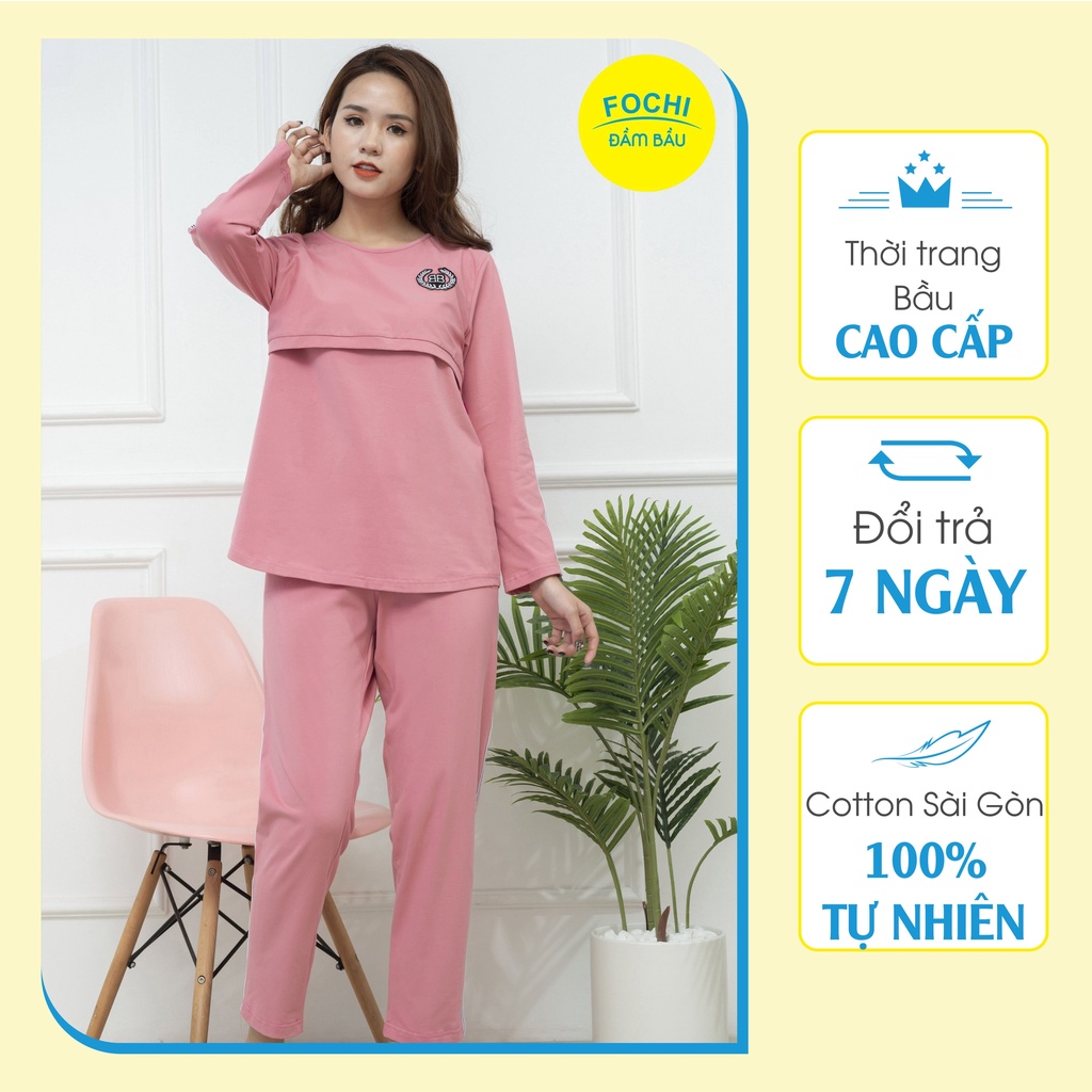 Bộ đồ bầu và sau sinh cho con bú Fochi Cotton Sài Gòn co giãn 4 chiều, thoáng mát, thấm hút mồ hôi tốt BSB071