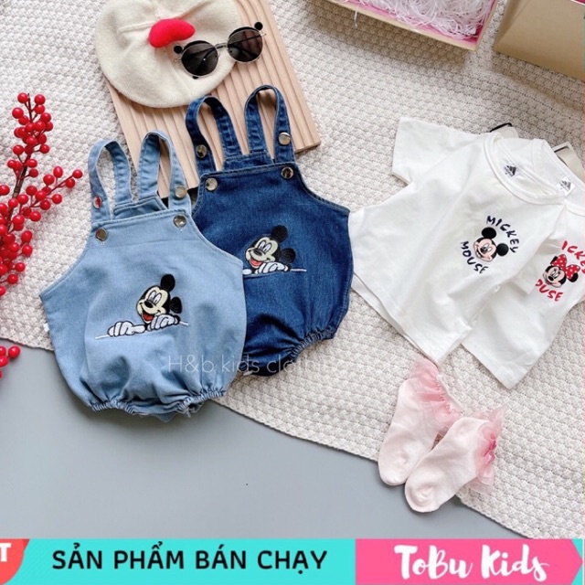 Set Yếm Mickey Body Jean Bò Kèm Áo Cotton Bé Trai Bé Gái Diện Kute Size 5-15kg TB28