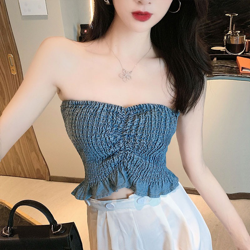 Áo Denim Trễ Vai Dáng Ôm Phong Cách Hàn Quốc Thời Trang Mùa Hè Cho Nữ