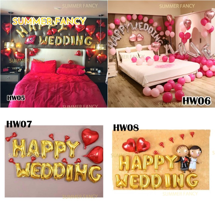 Set chữ HAPPY WEDDING + phụ kiện + TẶNG bơm keo, trang trí phòng cưới tông màu vàng trắng