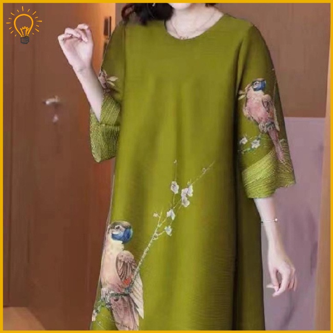 Đầm Chữ A Tay Lửng Dáng Rộng Cổ Tròn In Họa Tiết Hoa & Chim Kiểu Dân Tộc Cổ Điển Thời Trang Mùa Hè Cho Nữ