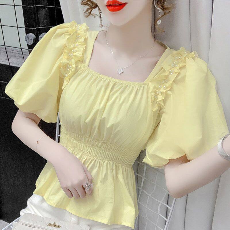 Áo Kiểu Cổ Vuông Tay Phồng Màu Trắng Thời Trang Mùa Hè Phong Cách Hàn Quốc Cho Nữ Mới