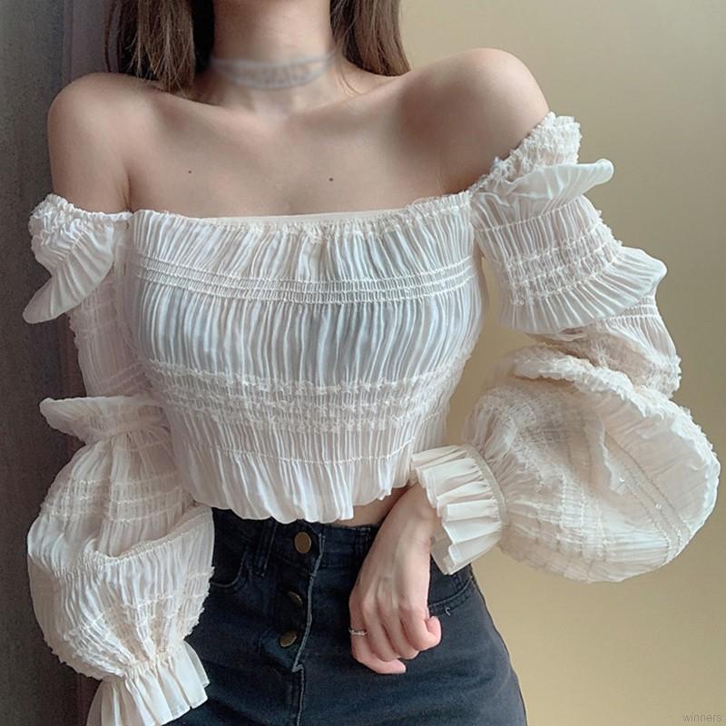 Áo Kiểu Chất Chiffon Tay Dài Thiết Kế Trễ Vai Quyến Rũ