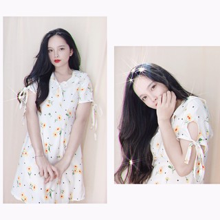 ( HOT ) Đầm Hoa cúc suông lụa hoa cổ sen phối ren