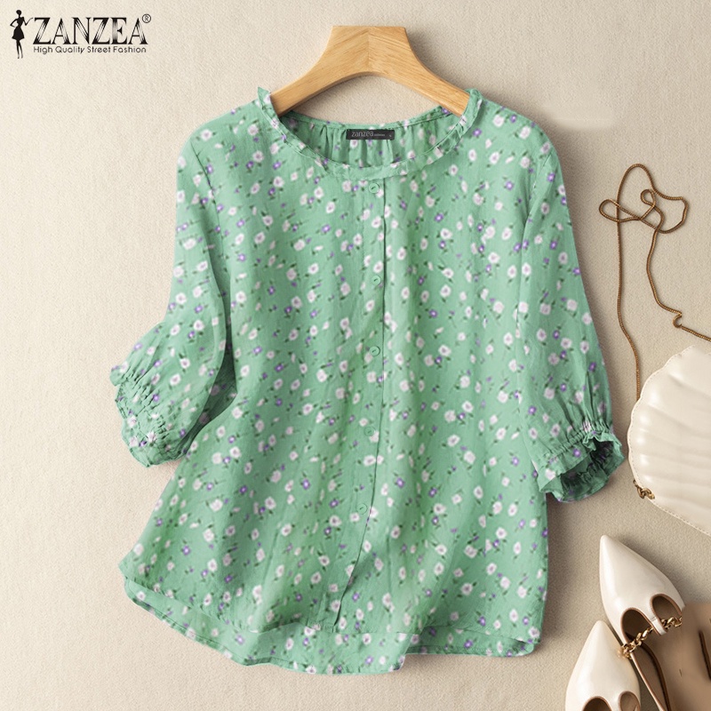 Áo kiểu ZANZEA tay lửng cổ tròn in họa tiết hoa phong cách vintage xinh xắn cho nữ
