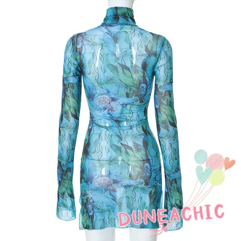 DUNEA Đầm Dài Tay Cổ Cao Phối Lưới In Họa Tiết Xinh Xắn Dành Cho Nữ