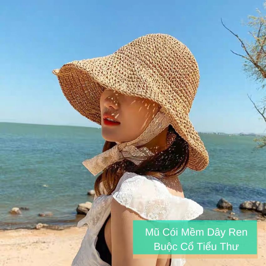 Mũ cói mềm dây ren buộc cổ phong cách tiểu thư