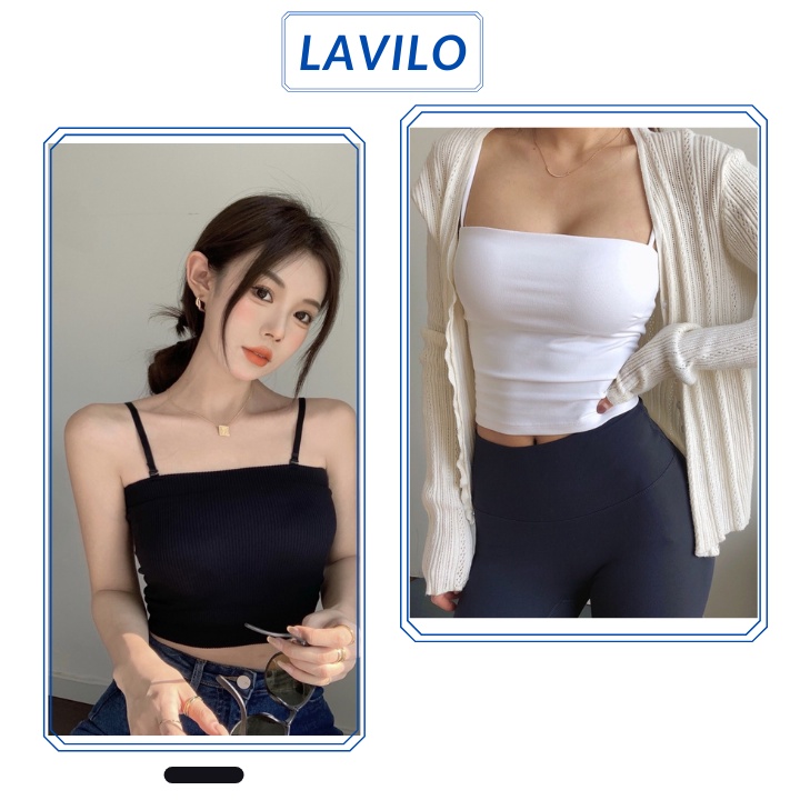 Áo 2 dây ngang ngực Croptop cotton 1 lớp thun ống ôm body dây sợi bún LAVILO CRT03