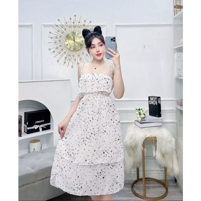 Đầm voan nữ mặc nhà hai dây cột nơ