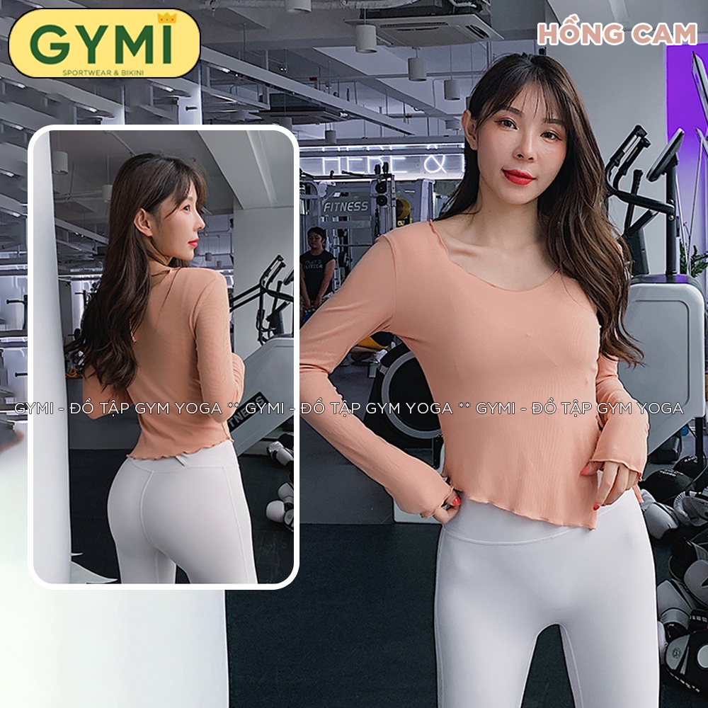 Áo tập gym yoga nữ dài tay GYMI AD09 dáng phủ bụng chất liệu thun len tăm xẻ eo sexy co giãn