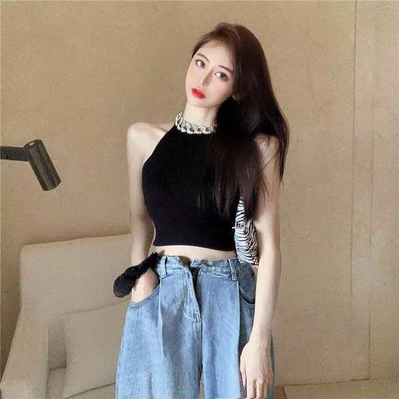 Áo kiểu ZHELIHANGFEI cổ yếm không tay dệt kim ôm dáng vừa vặn hở lưng thời trang mùa hè xinh xắn dành cho nữ