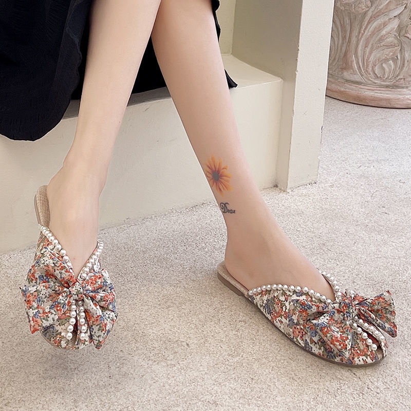 Giày Búp Bê Đế Mềm Đính Nơ Ngọc Trai Thời Trang Mùa Hè Xinh Xắn Cho Nữ