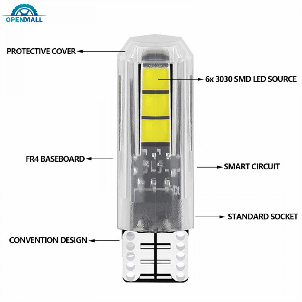 2 Đèn Led 12V T10 6LED W5W SMD Ánh Sáng Trắng Cao Cấp Cho Xe Ô Tô