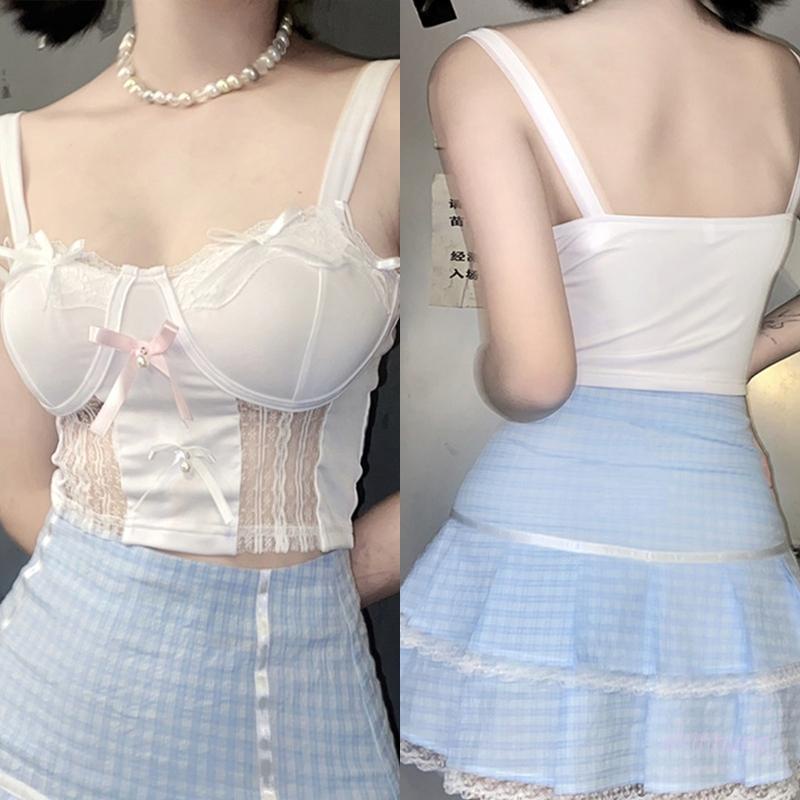 Áo Croptop Hai Dây Cổ Chữ V Phối Ren Xuyên Thấu Đính Nơ Phối Ngọc Trai Quyến Rũ Cho Nữ
