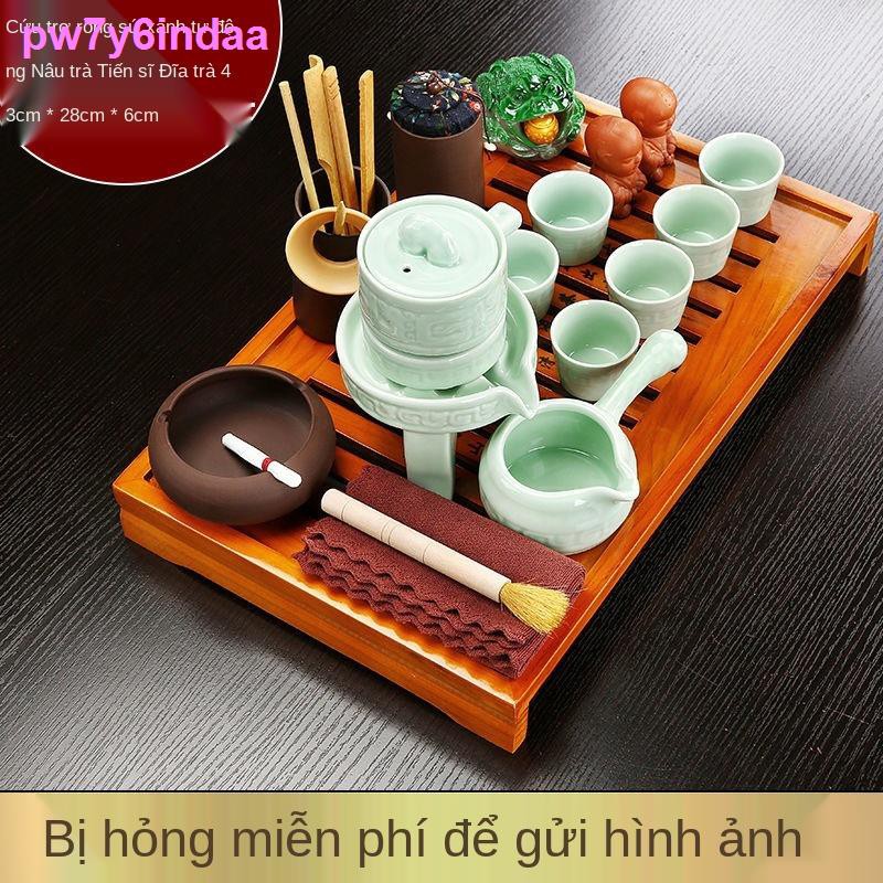 > Kung Fu Tea Set Home Khay trà gỗ nguyên khối, ấm cát tím, cốc, ly sứ, phụ kiện đạo, bàn