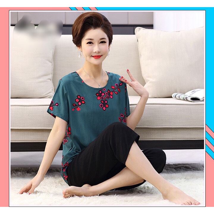 Bộ mặc nhà trung niên cách tân vải cotton lụa, áo ngắn tay quần lửng sang trong lịch sự
