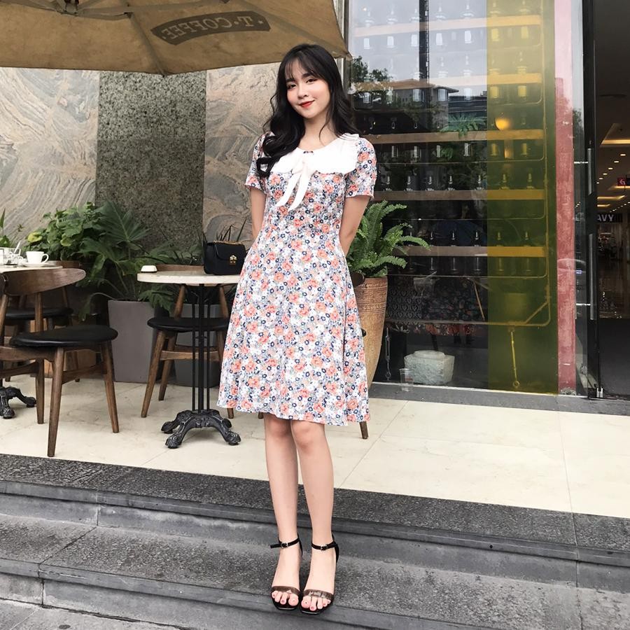 Váy hoa nhí viền cổ thắt nơ cao cấp